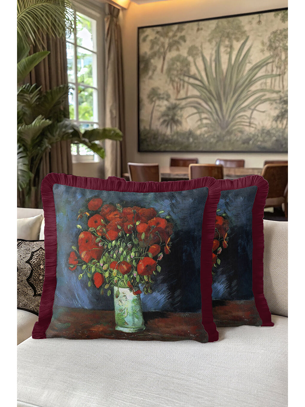 Karışık Sanatsal Çiçek Aranjmanlı Saçaklı Yastık Kılıfı - Klasik Rustik Bordo Püsküllü Kırlent Kılıfı-5