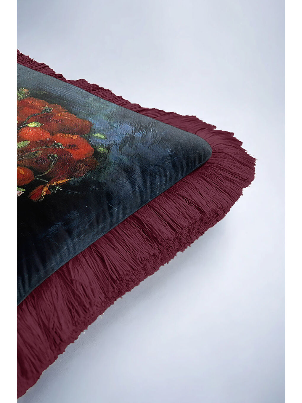 Karışık Sanatsal Çiçek Aranjmanlı Saçaklı Yastık Kılıfı - Klasik Rustik Bordo Püsküllü Kırlent Kılıfı-6