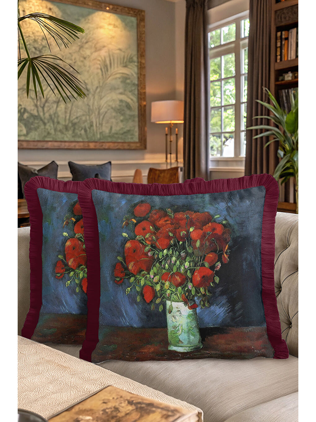 Karışık Sanatsal Çiçek Aranjmanlı Saçaklı Yastık Kılıfı - Klasik Rustik Bordo Püsküllü Kırlent Kılıfı-7