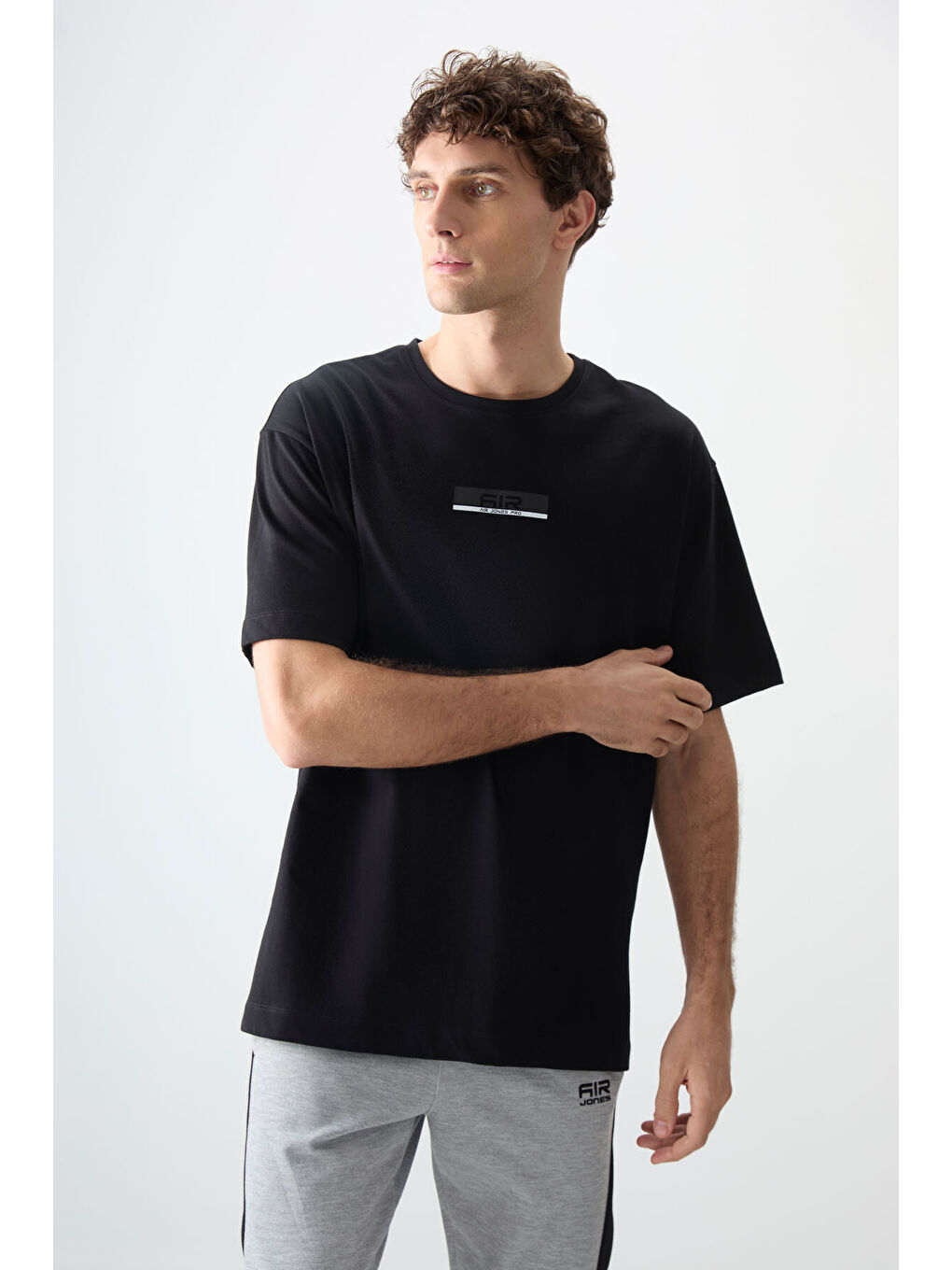 Siyah %100 Pamuk Kalın Yumuşak Dokulu Oversize Fit Baskılı Erkek Tişört - 88359-3