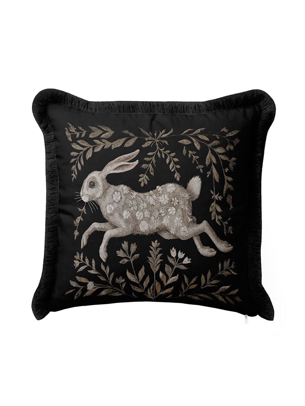 Karışık Zarif Tavşan Motifli Saçaklı Yastık Kılıfı - Klasik Rustik Siyah Altın Renk Püsküllü Kırlent Kılıfı-1