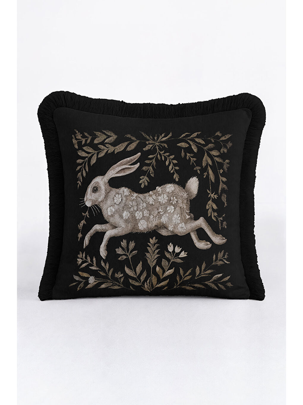 Karışık Zarif Tavşan Motifli Saçaklı Yastık Kılıfı - Klasik Rustik Siyah Altın Renk Püsküllü Kırlent Kılıfı-3