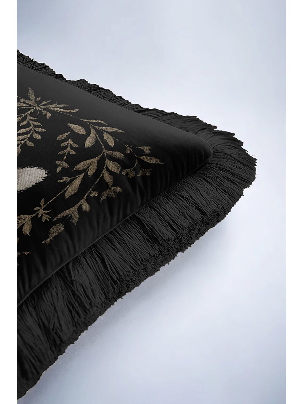 Karışık Zarif Tavşan Motifli Saçaklı Yastık Kılıfı - Klasik Rustik Siyah Altın Renk Püsküllü Kırlent Kılıfı-6