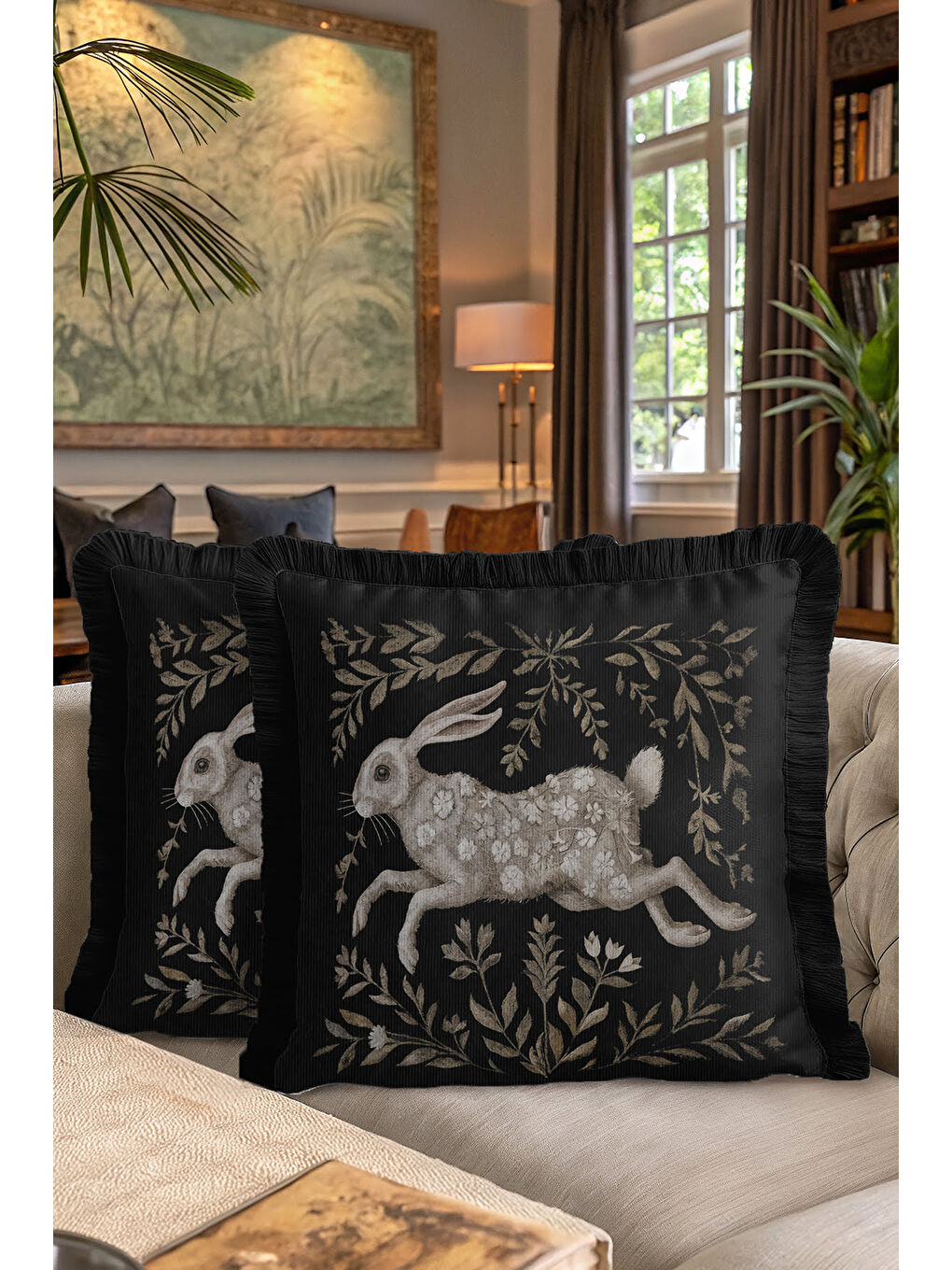 Karışık Zarif Tavşan Motifli Saçaklı Yastık Kılıfı - Klasik Rustik Siyah Altın Renk Püsküllü Kırlent Kılıfı-7