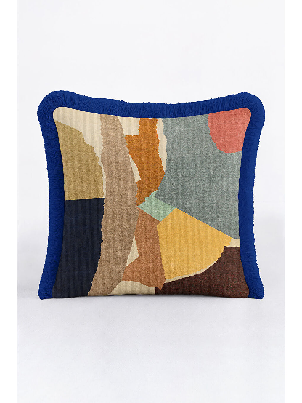 Karışık Modern Soyut Sanat Saçaklı Yastık Kılıfı - Geometrik Bohem Mavi Hardal Püsküllü Kırlent Kılıfı