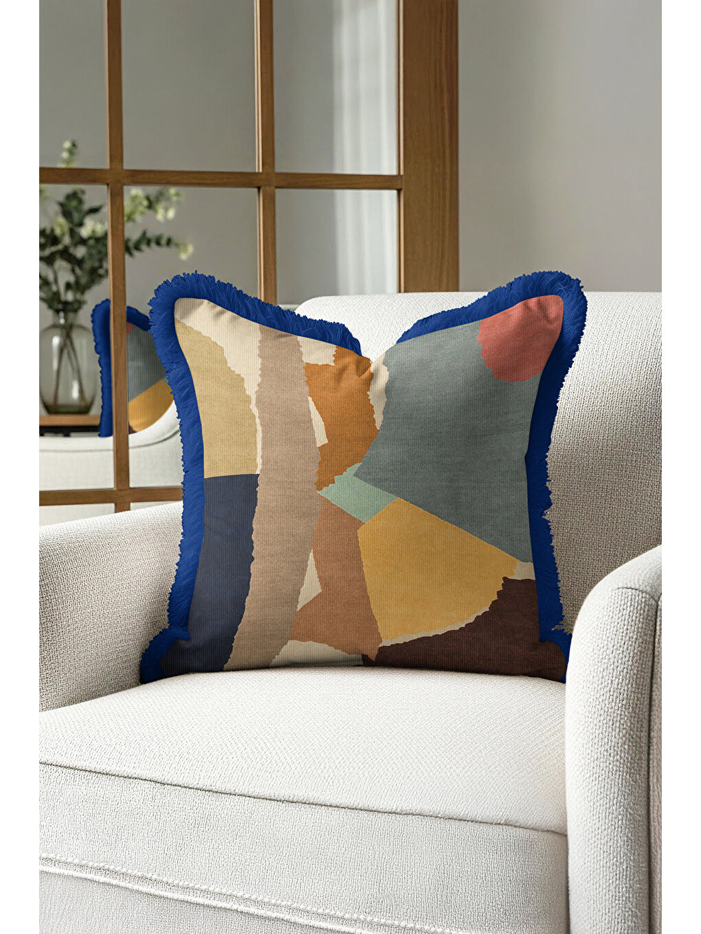 Karışık Modern Soyut Sanat Saçaklı Yastık Kılıfı - Geometrik Bohem Mavi Hardal Püsküllü Kırlent Kılıfı-1