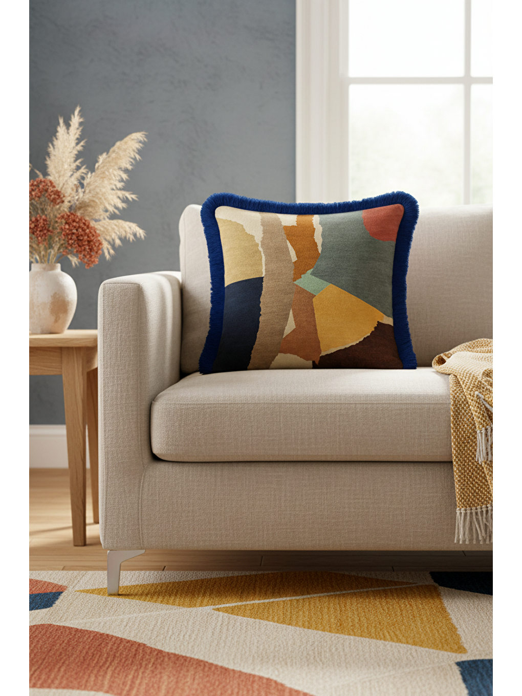 Karışık Modern Soyut Sanat Saçaklı Yastık Kılıfı - Geometrik Bohem Mavi Hardal Püsküllü Kırlent Kılıfı-2