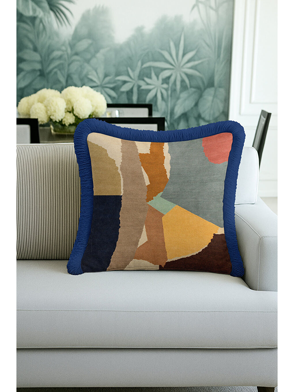 Karışık Modern Soyut Sanat Saçaklı Yastık Kılıfı - Geometrik Bohem Mavi Hardal Püsküllü Kırlent Kılıfı-4