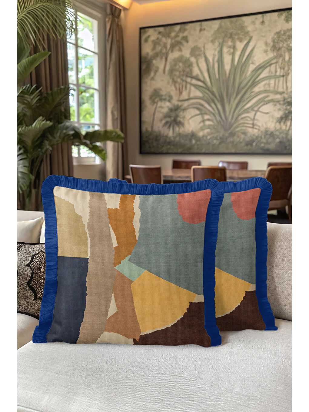 Karışık Modern Soyut Sanat Saçaklı Yastık Kılıfı - Geometrik Bohem Mavi Hardal Püsküllü Kırlent Kılıfı-5