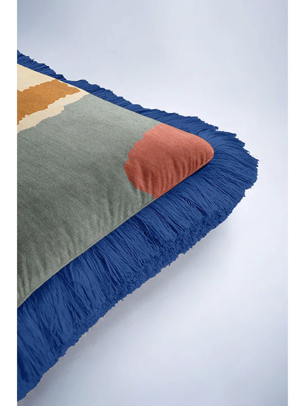 Karışık Modern Soyut Sanat Saçaklı Yastık Kılıfı - Geometrik Bohem Mavi Hardal Püsküllü Kırlent Kılıfı-6