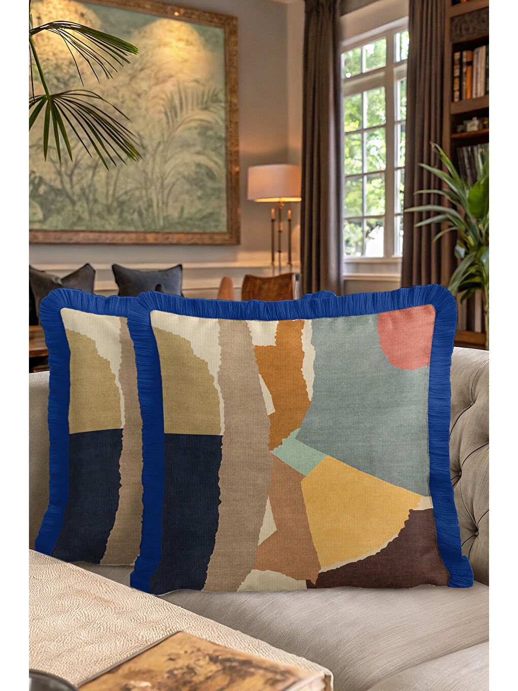 Karışık Modern Soyut Sanat Saçaklı Yastık Kılıfı - Geometrik Bohem Mavi Hardal Püsküllü Kırlent Kılıfı-7