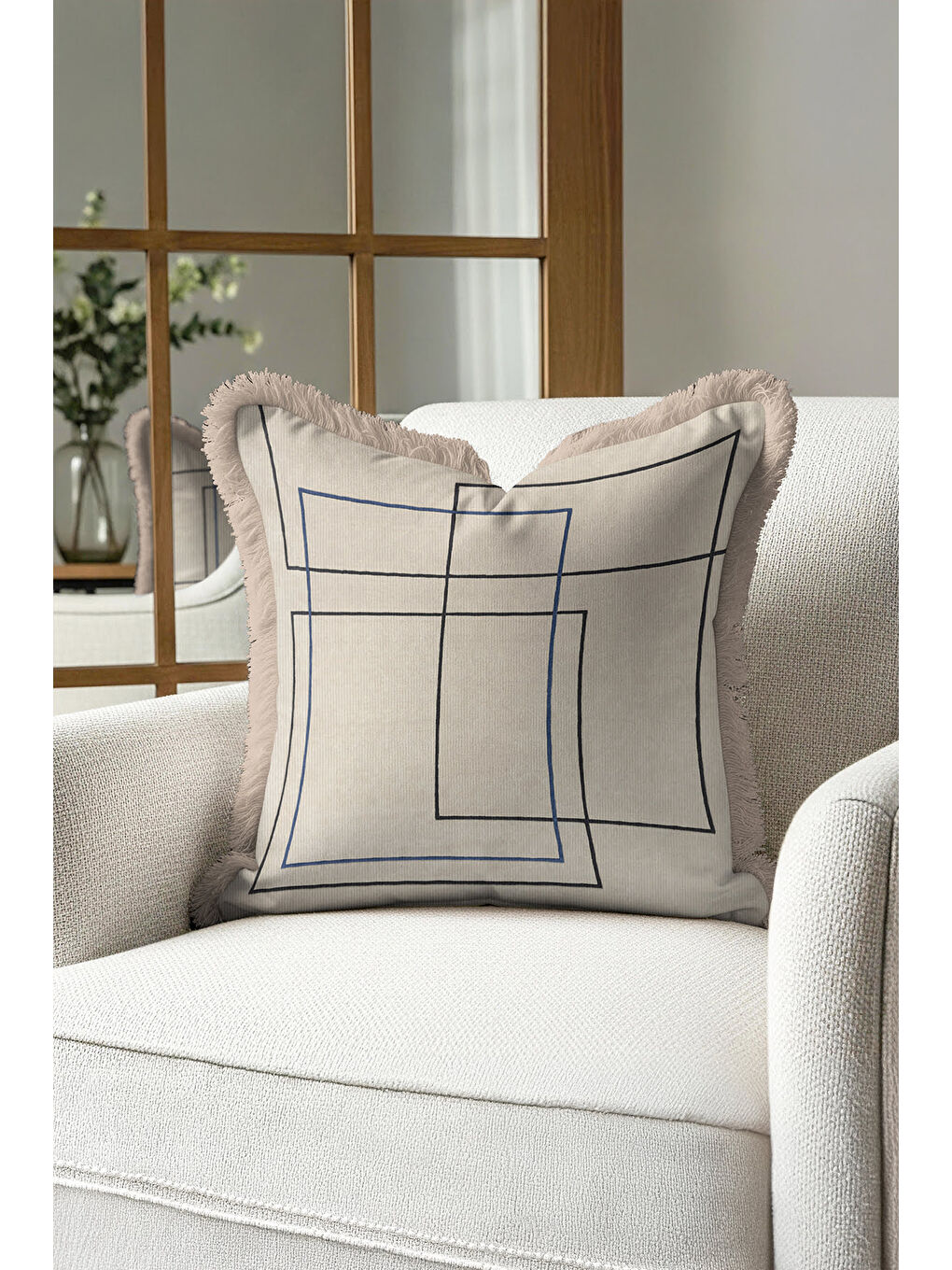 Karışık Geometrik Modern Saçaklı Yastık Kılıfı - Minimal İskandinav Bej Mavi Püsküllü Kırlent Kılıfı