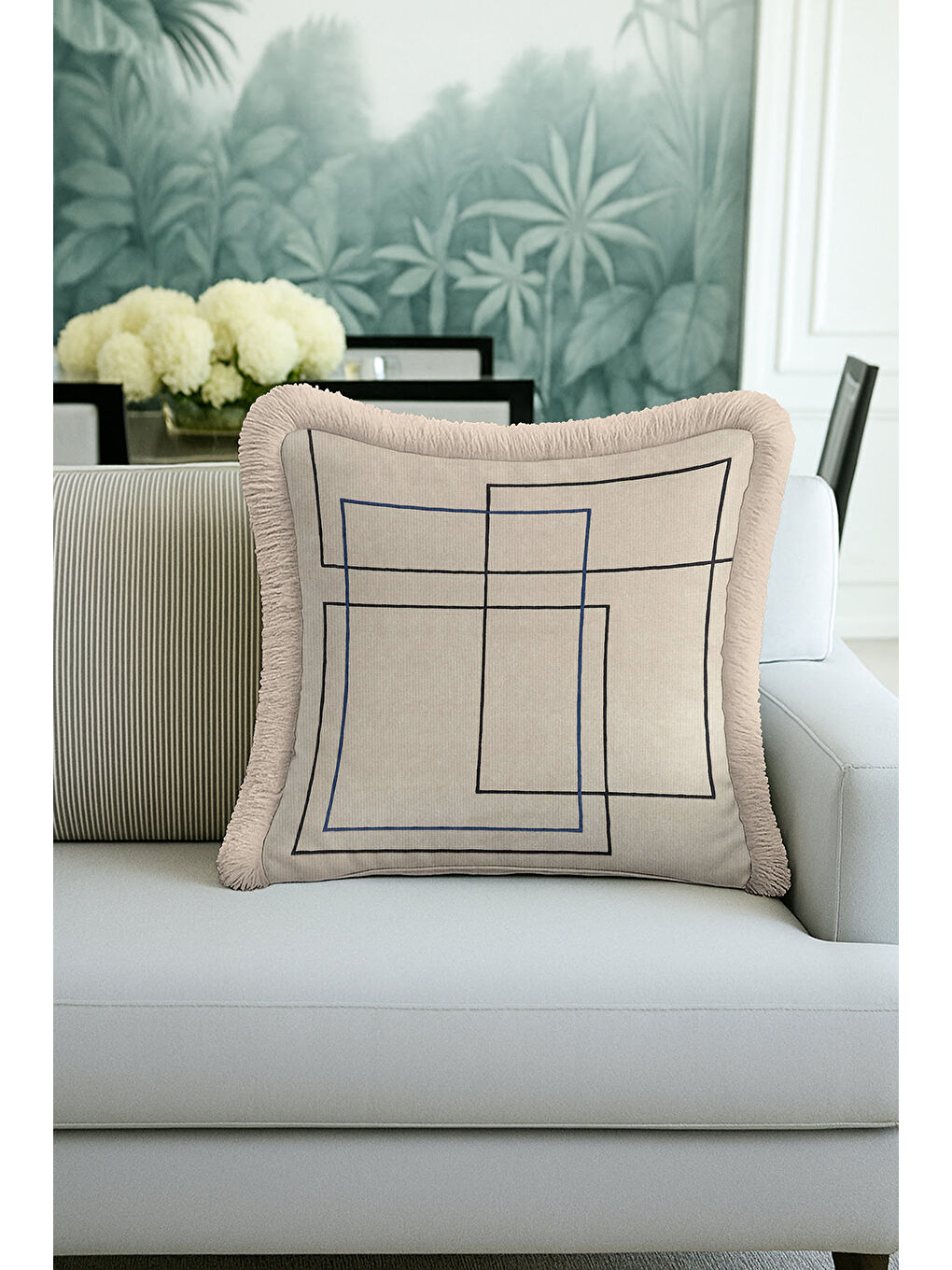 Karışık Geometrik Modern Saçaklı Yastık Kılıfı - Minimal İskandinav Bej Mavi Püsküllü Kırlent Kılıfı-1