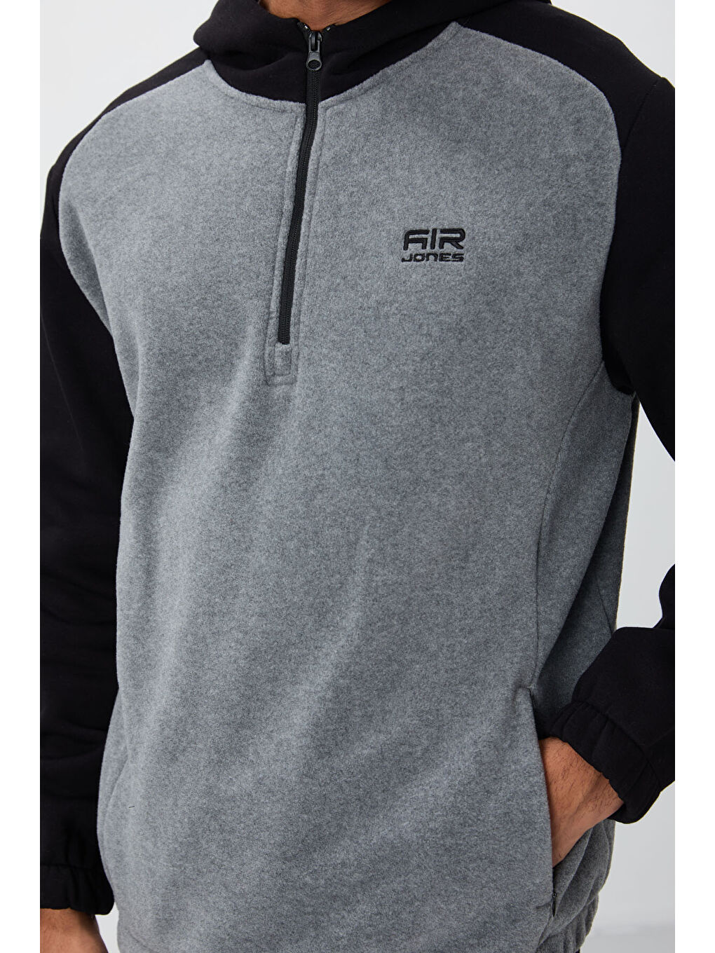 Ruby Gri Melanj Standart Kalıp Polar  Erkek Kapüşonlu Sweatshirt Hoodie - 88300-1