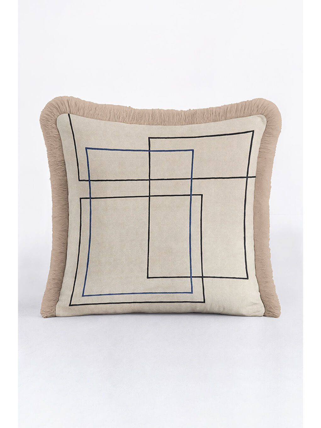 Karışık Geometrik Modern Saçaklı Yastık Kılıfı - Minimal İskandinav Bej Mavi Püsküllü Kırlent Kılıfı-3