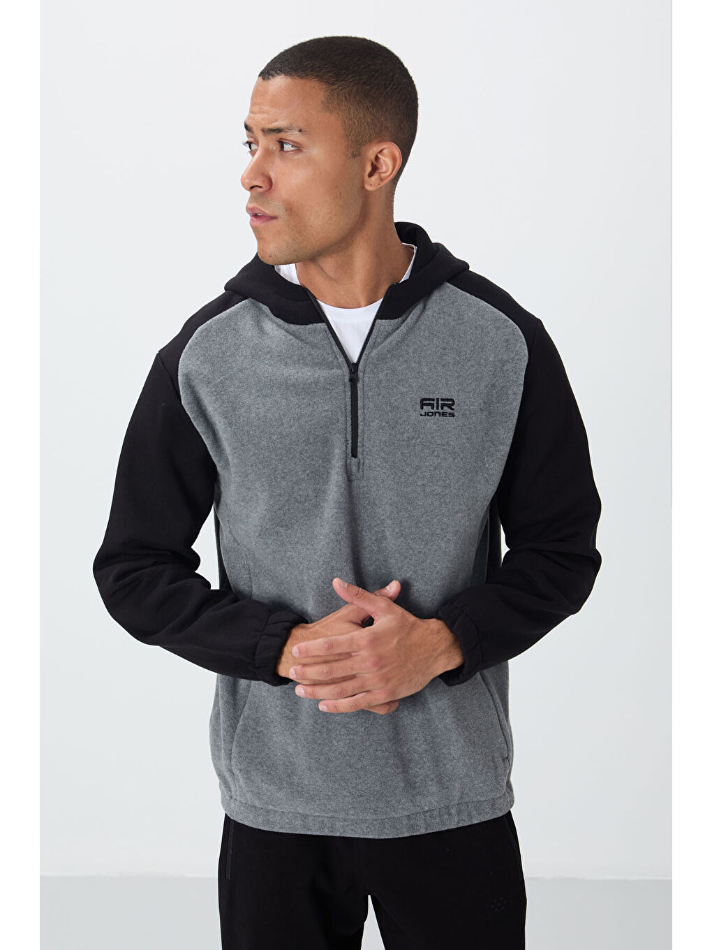 Ruby Gri Melanj Standart Kalıp Polar  Erkek Kapüşonlu Sweatshirt Hoodie - 88300-3