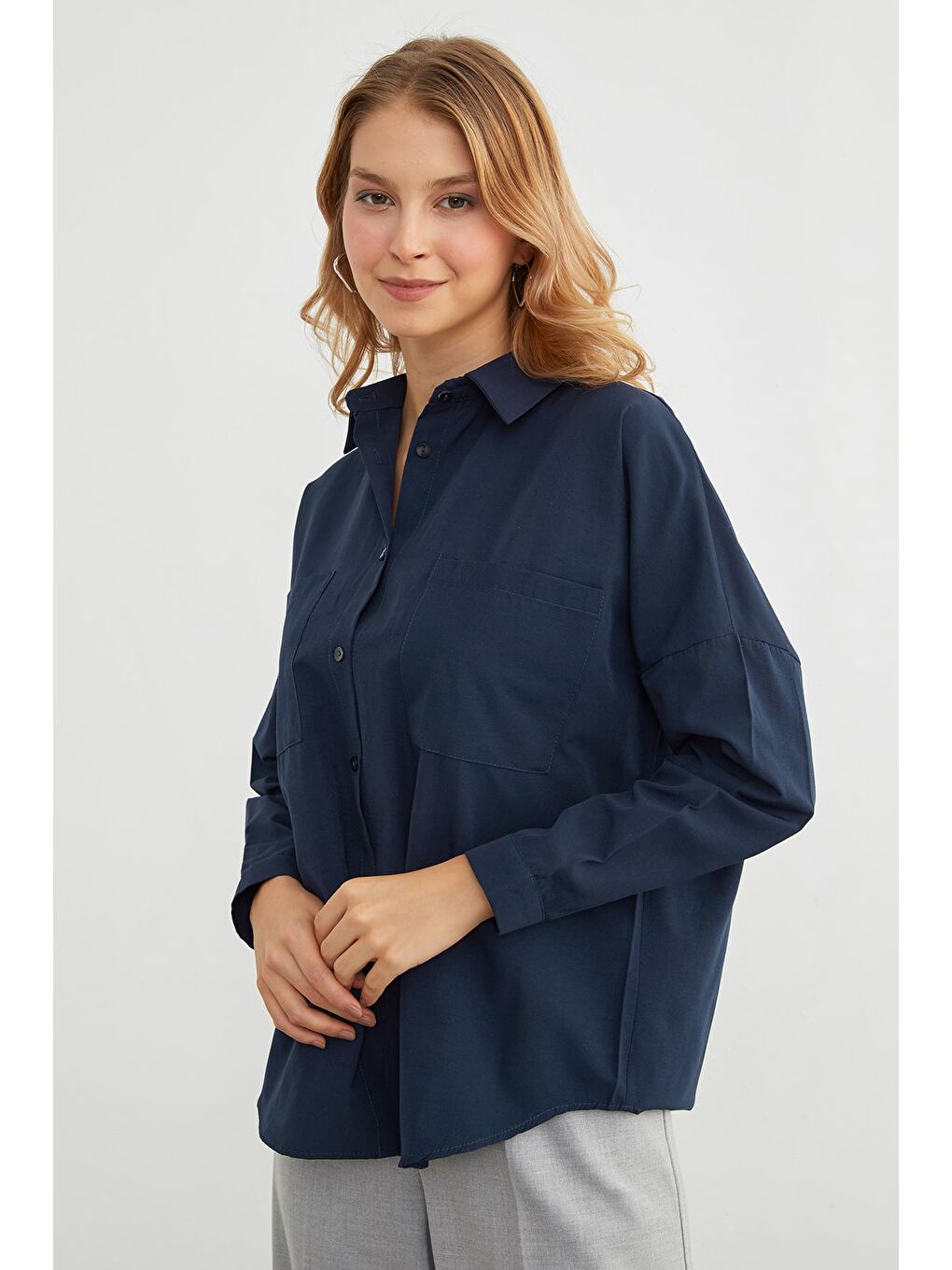 Lacivert Basic Çift Cepli Gömlek-1