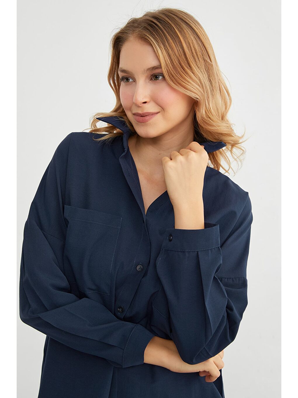 Lacivert Basic Çift Cepli Gömlek-2