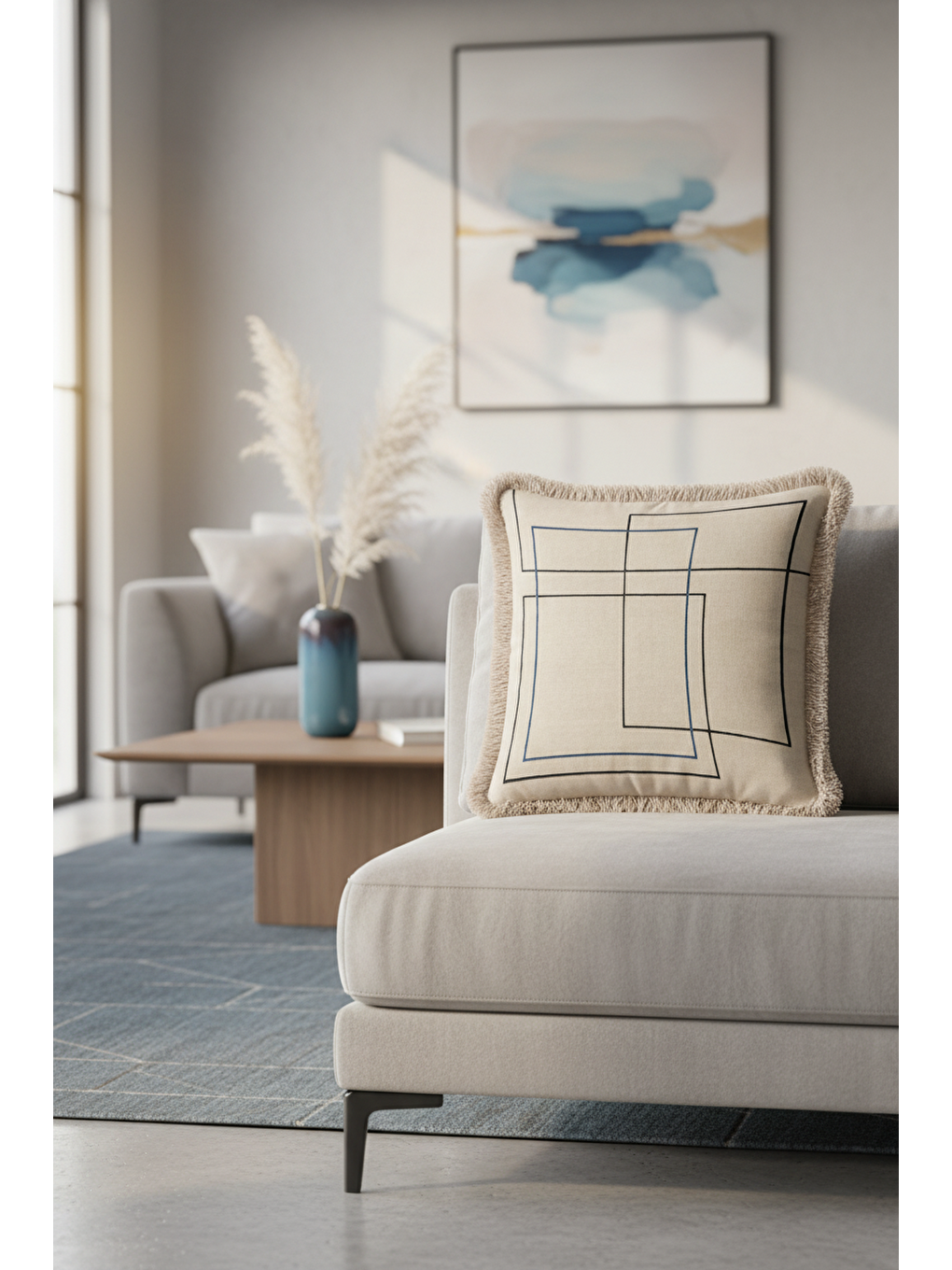 Karışık Geometrik Modern Saçaklı Yastık Kılıfı - Minimal İskandinav Bej Mavi Püsküllü Kırlent Kılıfı-4