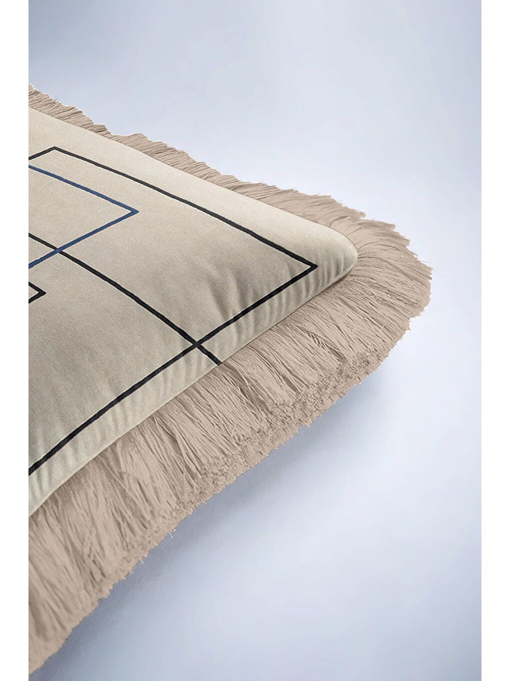 Karışık Geometrik Modern Saçaklı Yastık Kılıfı - Minimal İskandinav Bej Mavi Püsküllü Kırlent Kılıfı-6