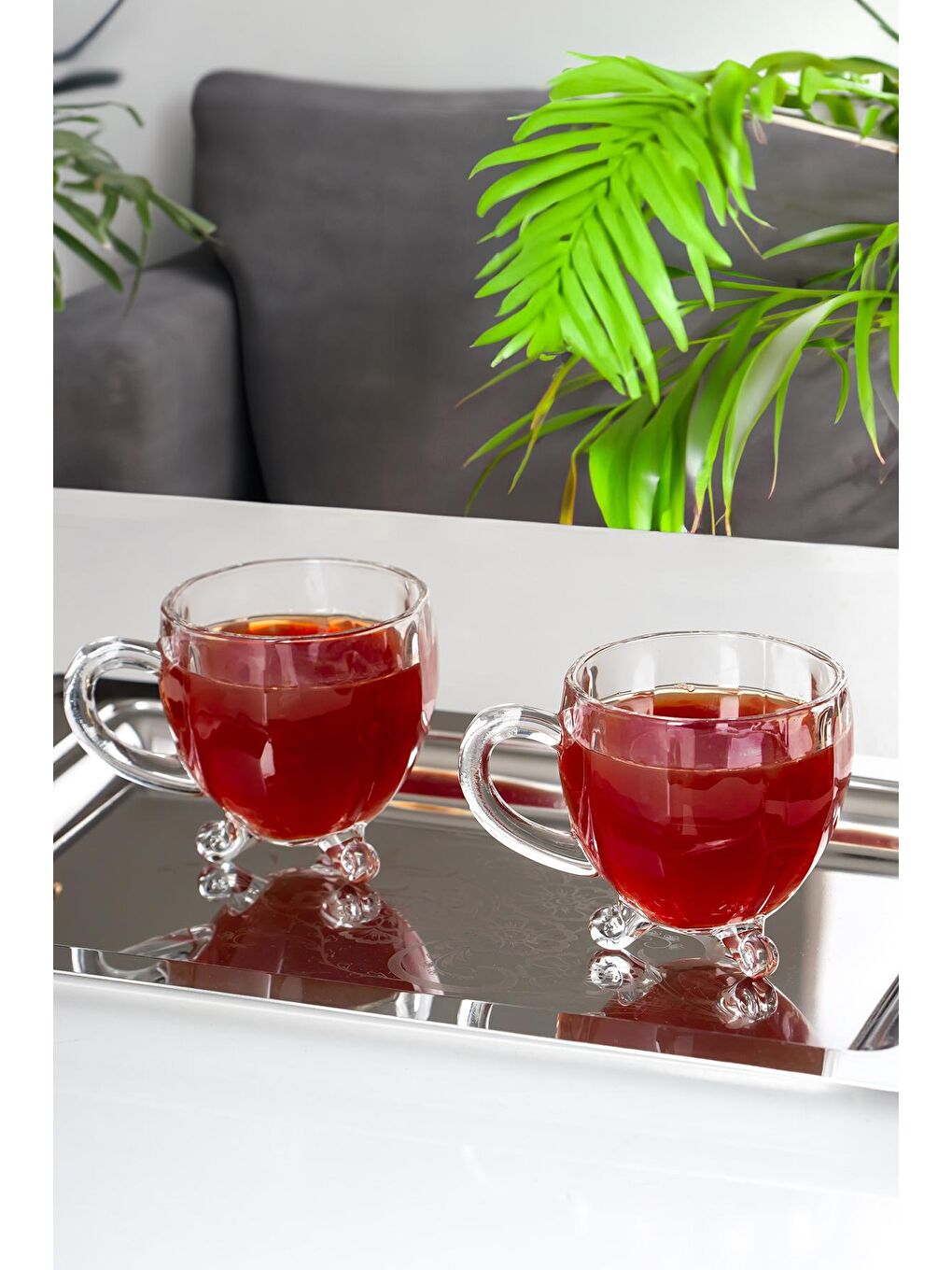 Renksiz 15719 Ayaklı Kulplu Desenli 4'lü Cam Bardak 200 Cc