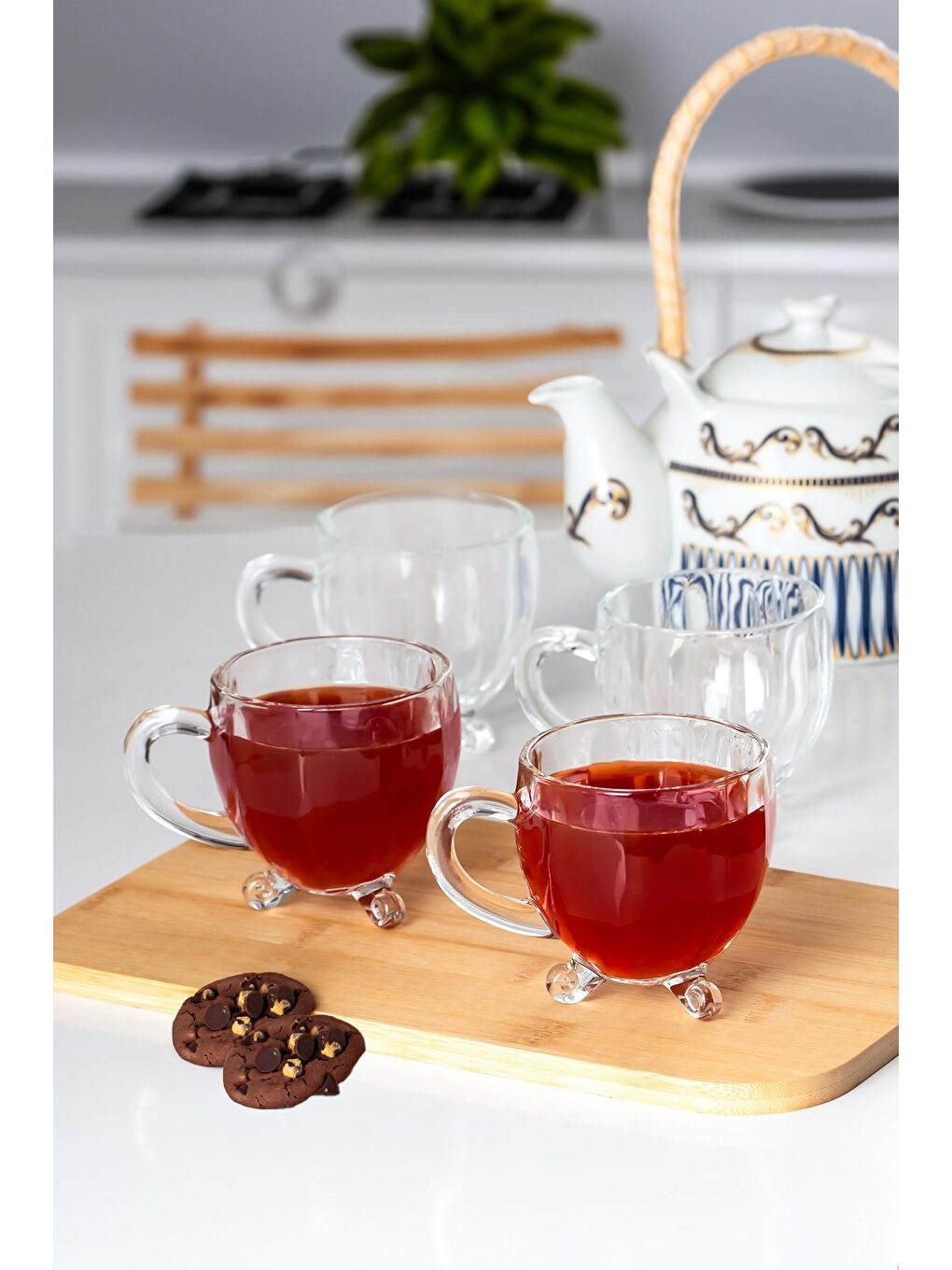 Renksiz 15719 Ayaklı Kulplu Desenli 4'lü Cam Bardak 200 Cc-1