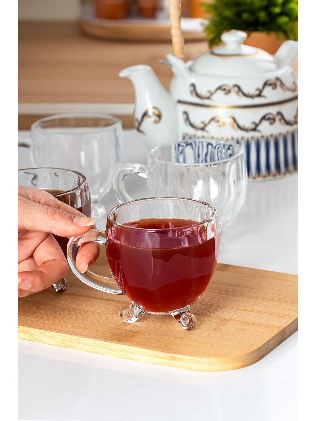 Renksiz 15719 Ayaklı Kulplu Desenli 4'lü Cam Bardak 200 Cc-2