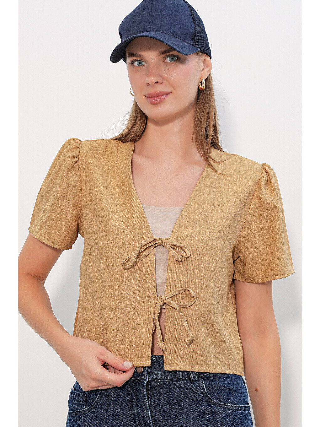 Sarı Kadın Kısa Kol Crop Bluz 958 - Camel-2