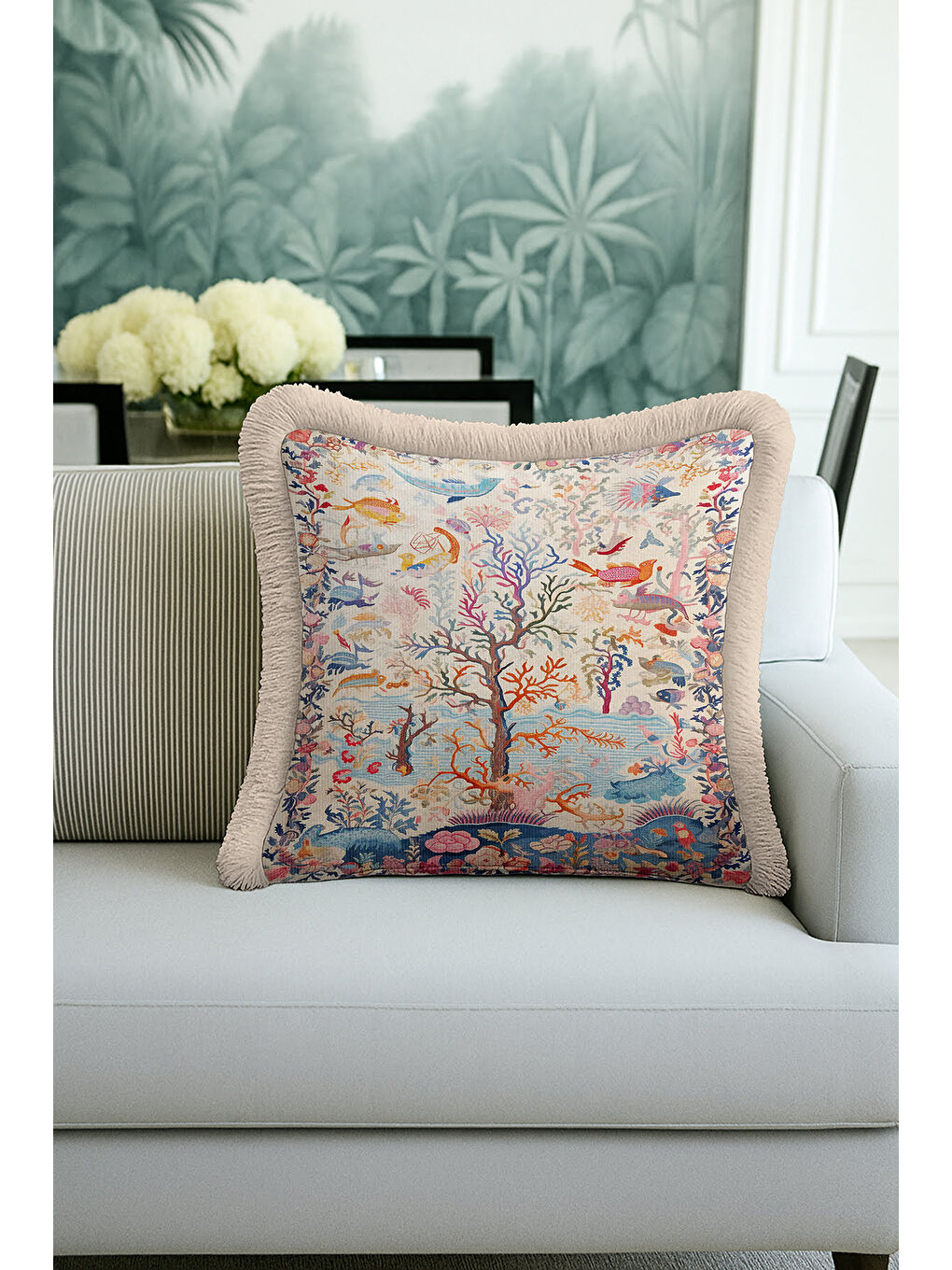 Karışık Lüks Denizaltı Motifli Saçaklı Yastık Kılıfı - Tropikal Bohem Mavi Bej Püsküllü Kırlent Kılıfı-1