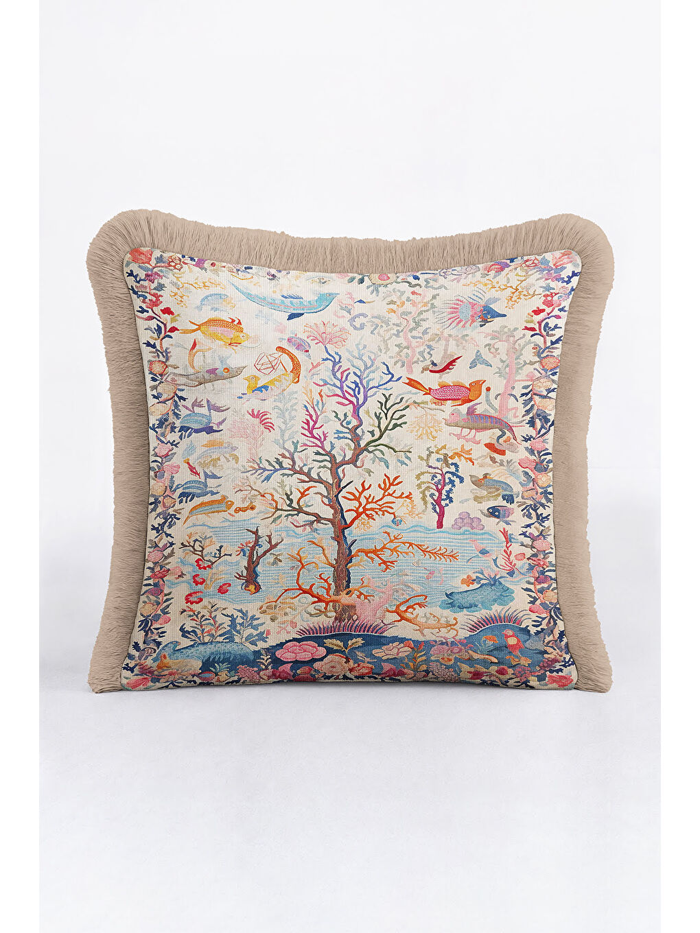 Karışık Lüks Denizaltı Motifli Saçaklı Yastık Kılıfı - Tropikal Bohem Mavi Bej Püsküllü Kırlent Kılıfı-2