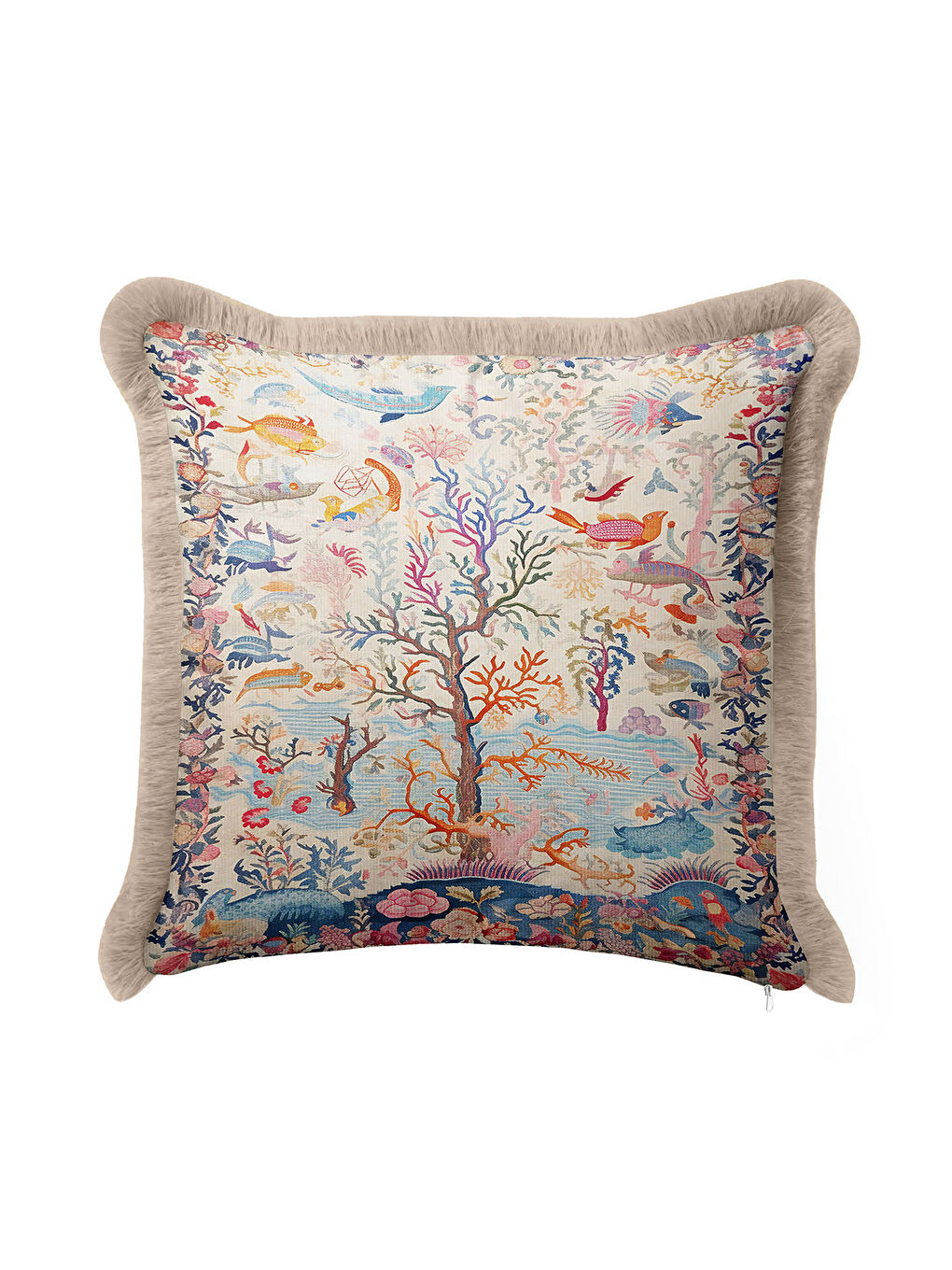 Karışık Lüks Denizaltı Motifli Saçaklı Yastık Kılıfı - Tropikal Bohem Mavi Bej Püsküllü Kırlent Kılıfı-3