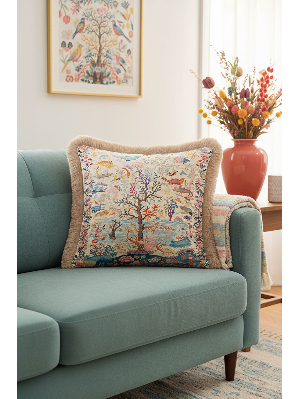 Karışık Lüks Denizaltı Motifli Saçaklı Yastık Kılıfı - Tropikal Bohem Mavi Bej Püsküllü Kırlent Kılıfı-4