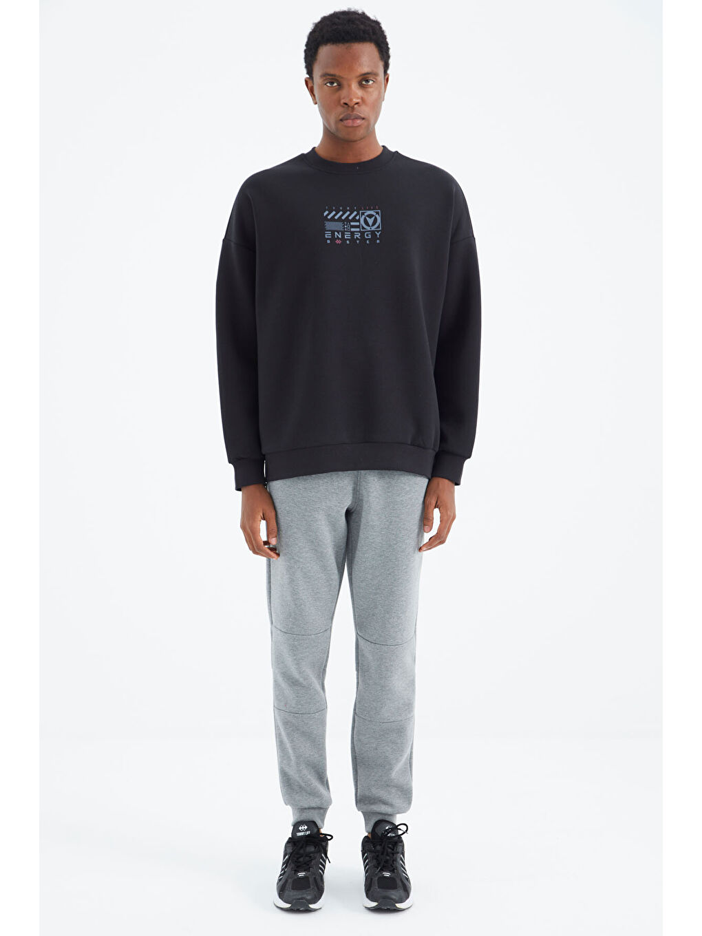 Gri Melanj Bağcıklı Şerit Detaylı Rahat Kalıp  Erkek Jogger Eşofman Altı - 82106