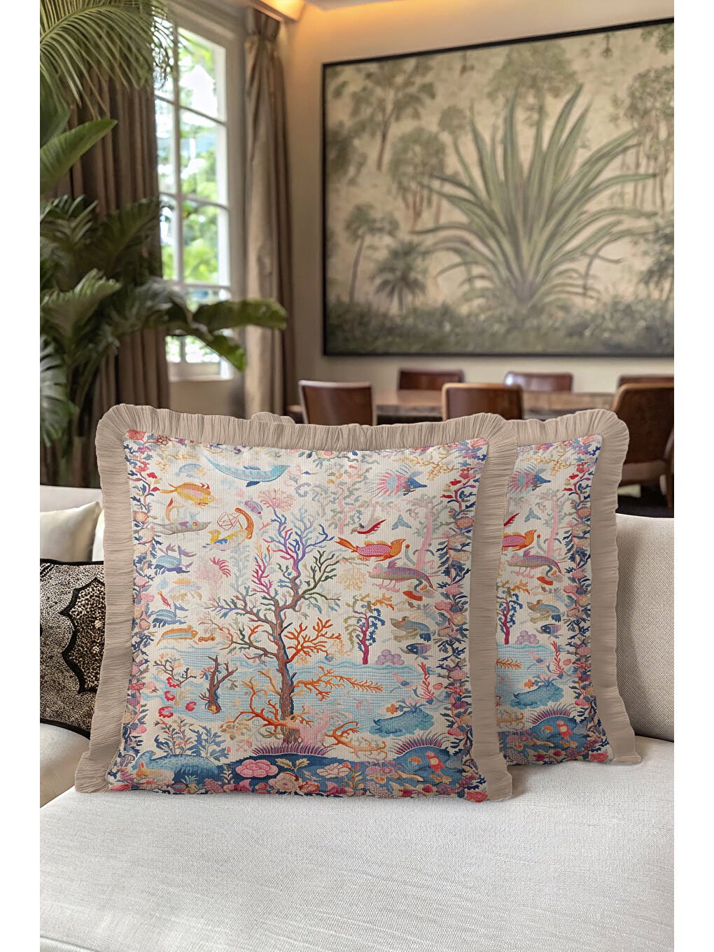 Karışık Lüks Denizaltı Motifli Saçaklı Yastık Kılıfı - Tropikal Bohem Mavi Bej Püsküllü Kırlent Kılıfı-5
