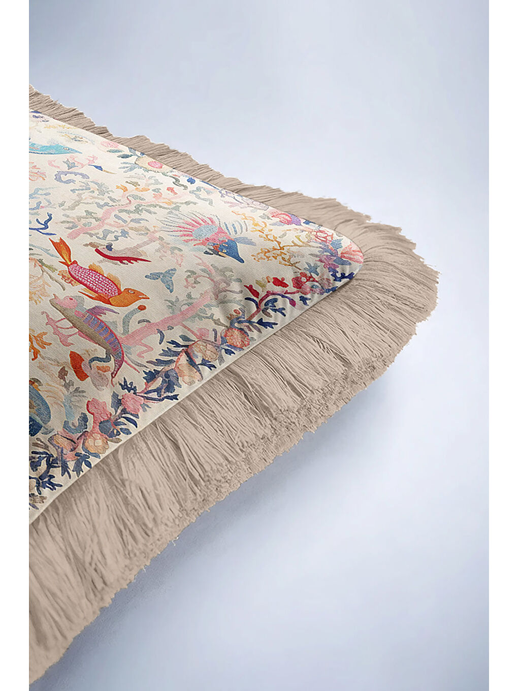 Karışık Lüks Denizaltı Motifli Saçaklı Yastık Kılıfı - Tropikal Bohem Mavi Bej Püsküllü Kırlent Kılıfı-6