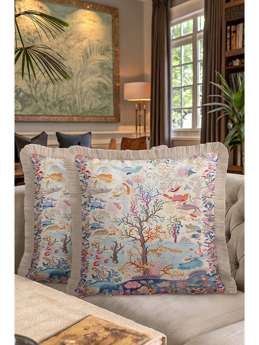Karışık Lüks Denizaltı Motifli Saçaklı Yastık Kılıfı - Tropikal Bohem Mavi Bej Püsküllü Kırlent Kılıfı-7