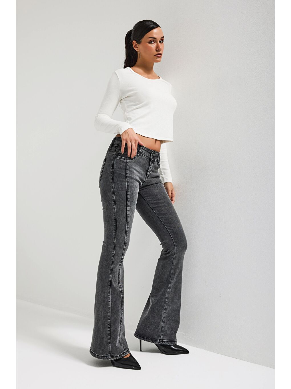 Kadın Antrasit 4s6-14 Mid Rise Flare Fit Kemer Detaylı Esnek Kumaş Denim Jean