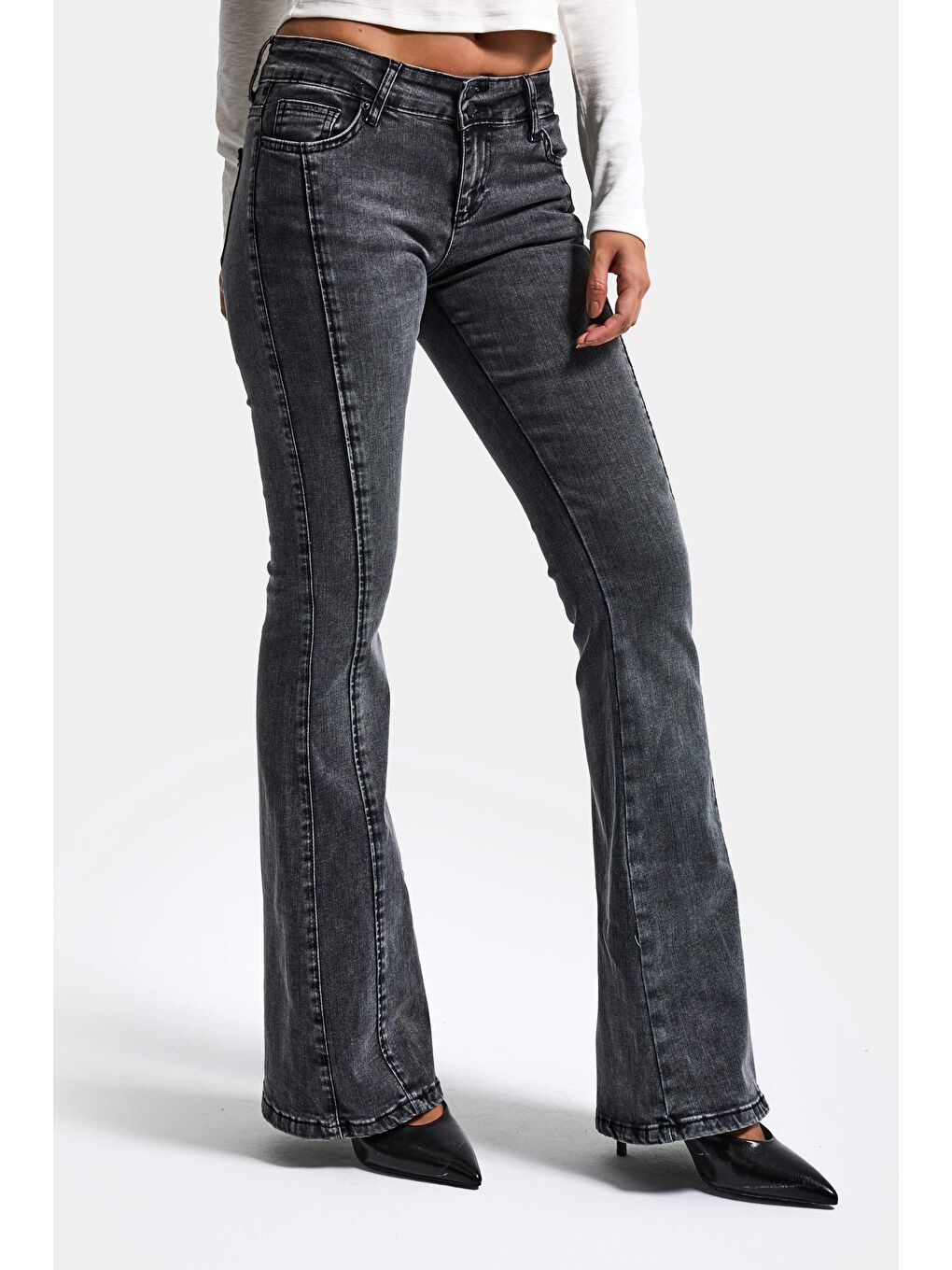 Kadın Antrasit 4s6-14 Mid Rise Flare Fit Kemer Detaylı Esnek Kumaş Denim Jean-1