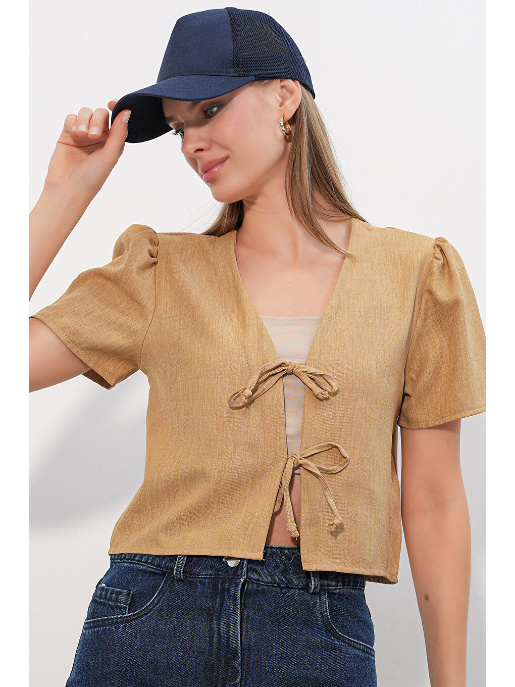 Sarı Kadın Kısa Kol Crop Bluz 958 - Camel-3