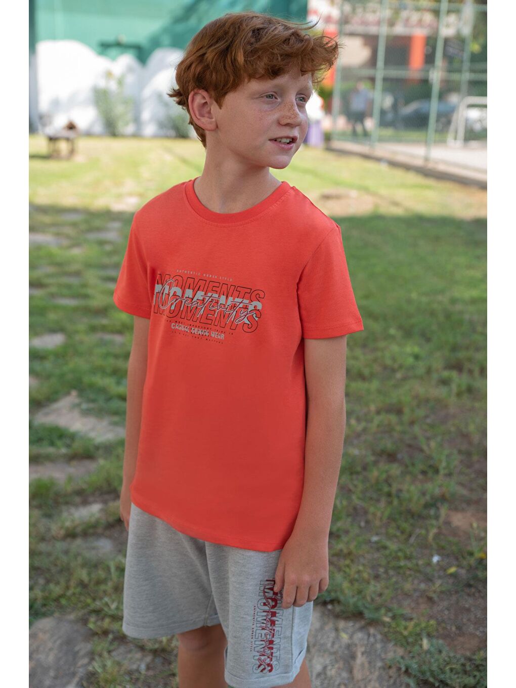 Kırmızı Erkek Çocuk Şortlu Takım Yazı Baskılı Beli Lastikli Narçiçeği (8-14 Yaş)-1