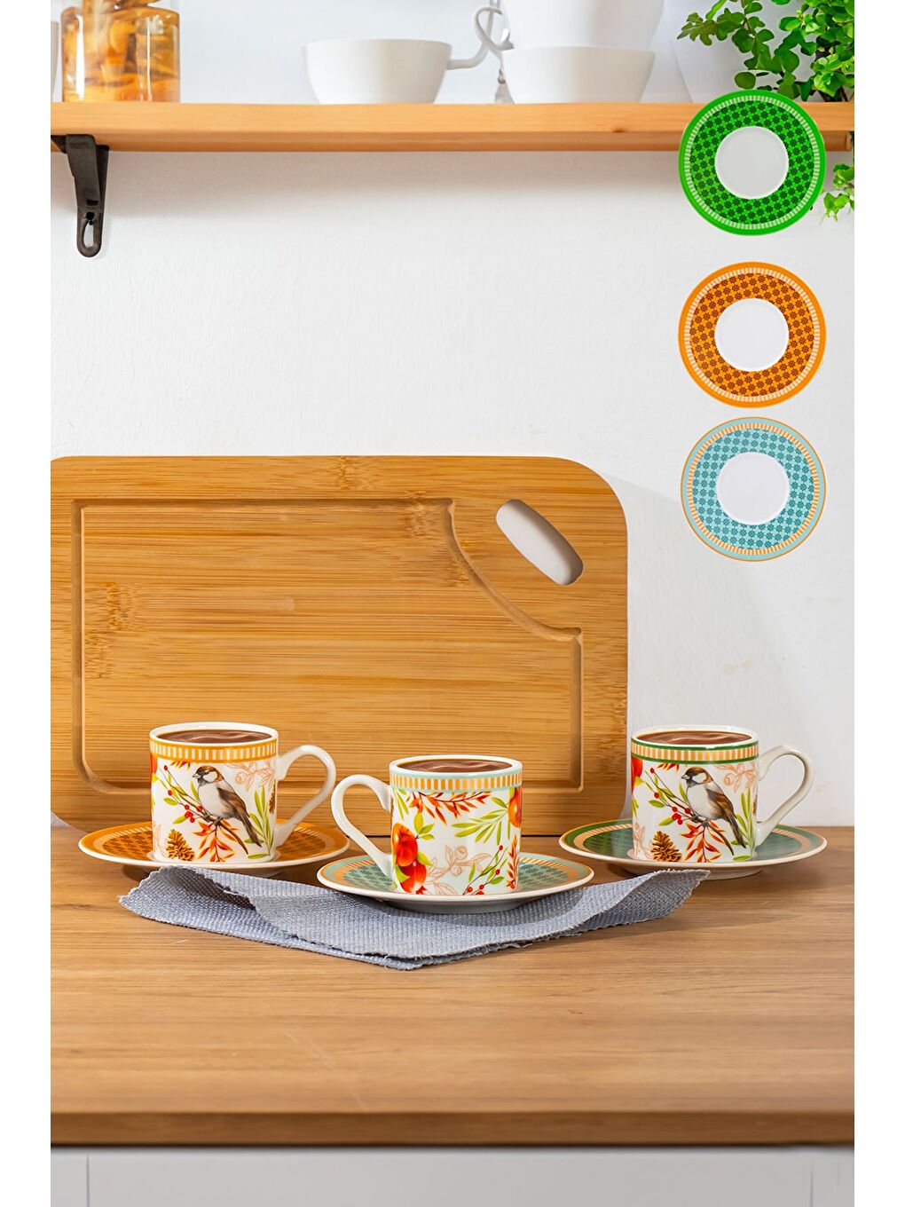 Beyaz TE-225 Cardellino Fincan Takımı - Desenli Porselen Türk Kahvesi Fincan Takımı - 6 Kişilik 90 cc