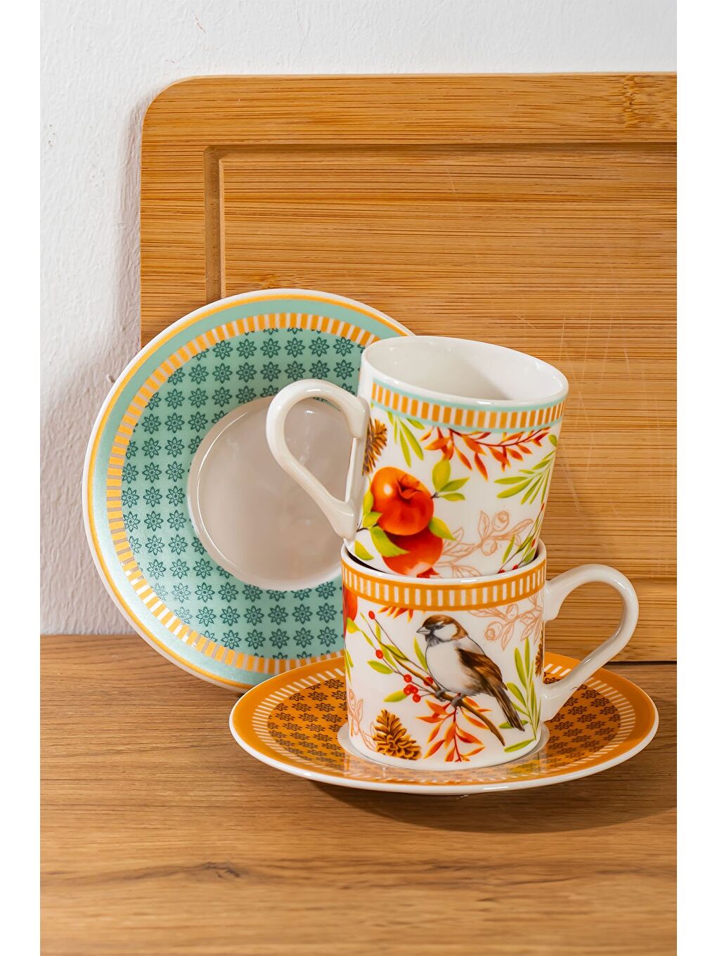 Beyaz TE-225 Cardellino Fincan Takımı - Desenli Porselen Türk Kahvesi Fincan Takımı - 6 Kişilik 90 cc-1