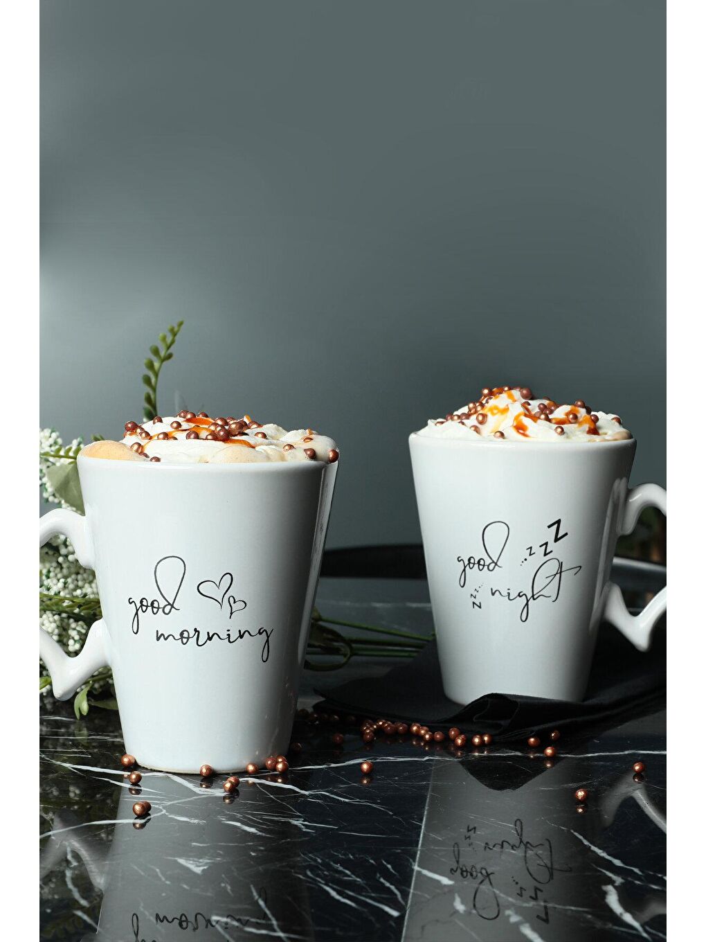Beyaz Good Morning-Night Kalp Kulplu Kupa 9 Cm 2 Adet