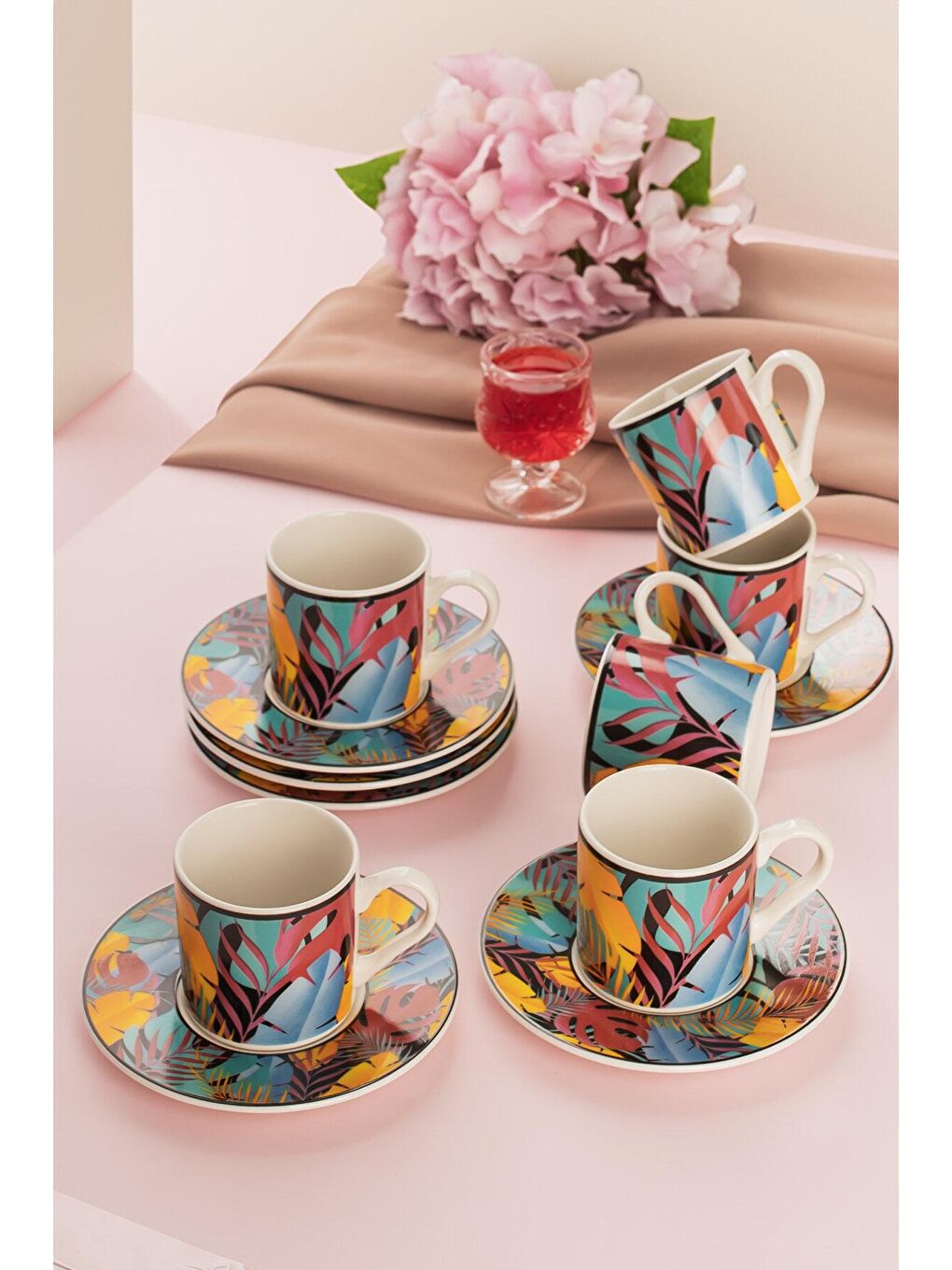 Karışık TE-156 Exotic 6 Kişilik Renkli Porselen Türk Kahvesi Fincan Takımı - 12 Parça-1