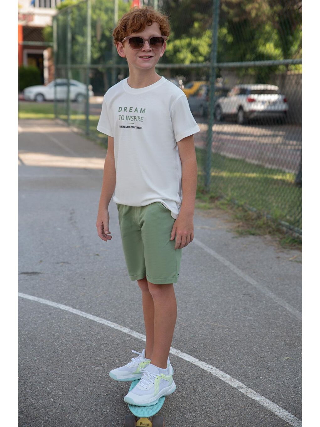 Erkek Çocuk Şortlu Takım Kabartma Yazı Baskılı Ekru (5-10 Yaş)-1