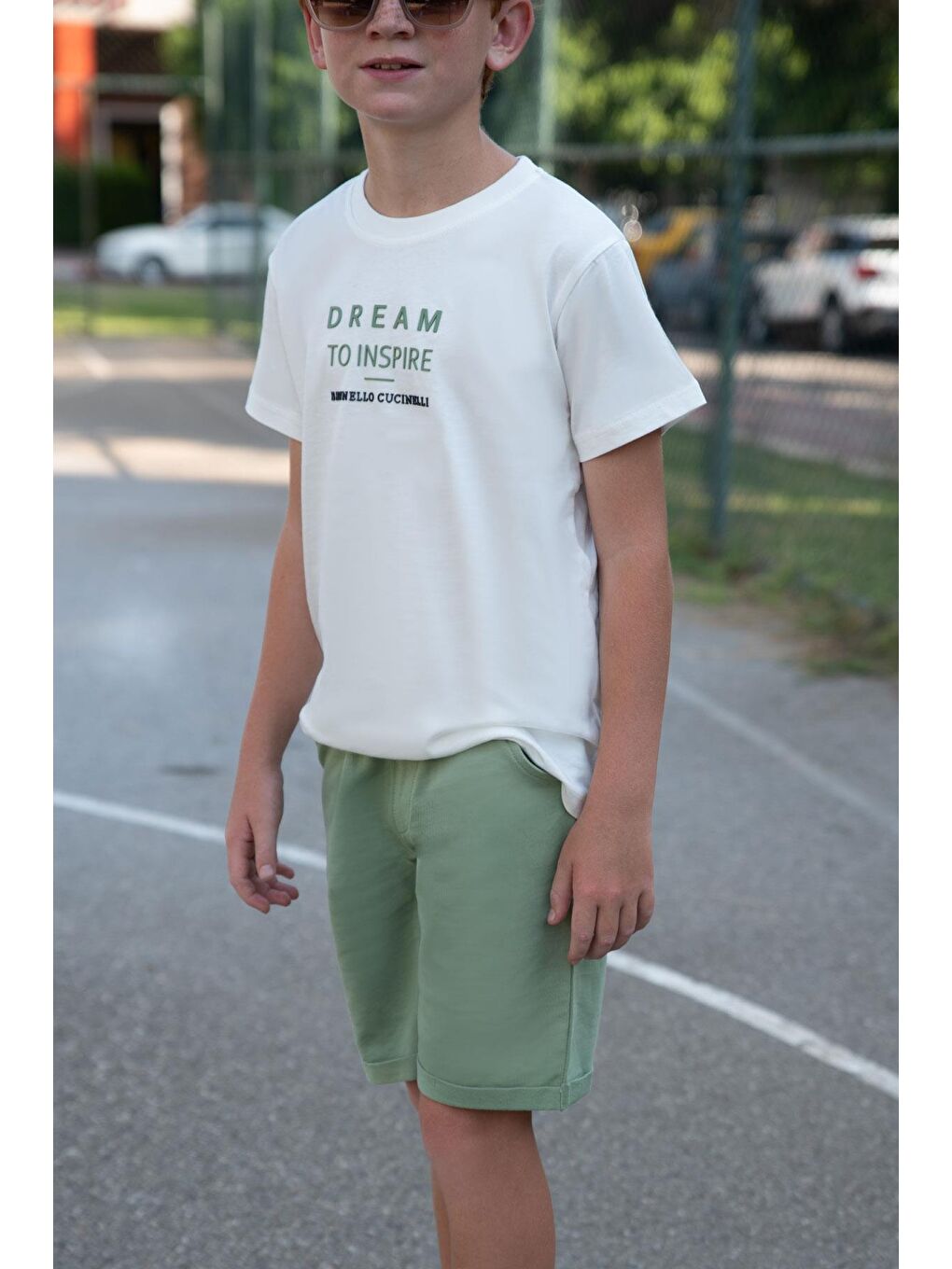 Erkek Çocuk Şortlu Takım Kabartma Yazı Baskılı Ekru (5-10 Yaş)-2