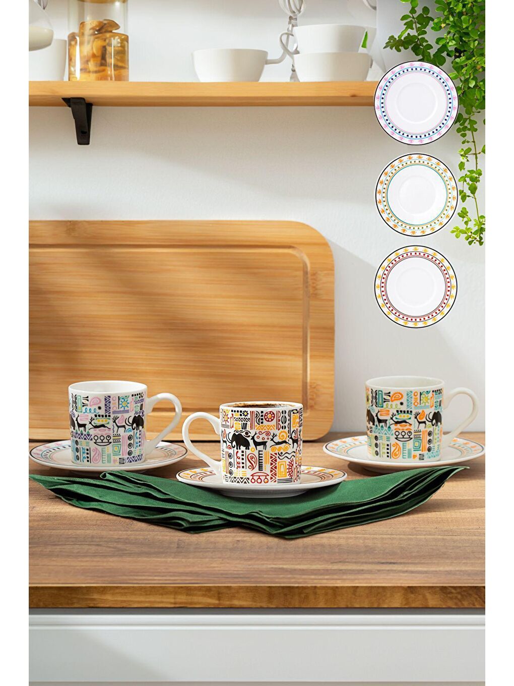 Karışık TE-207 Natura Fincan Takımı-Desenli Porselen Türk Kahve Fincan Takımı-6 Kişilik 90 cc