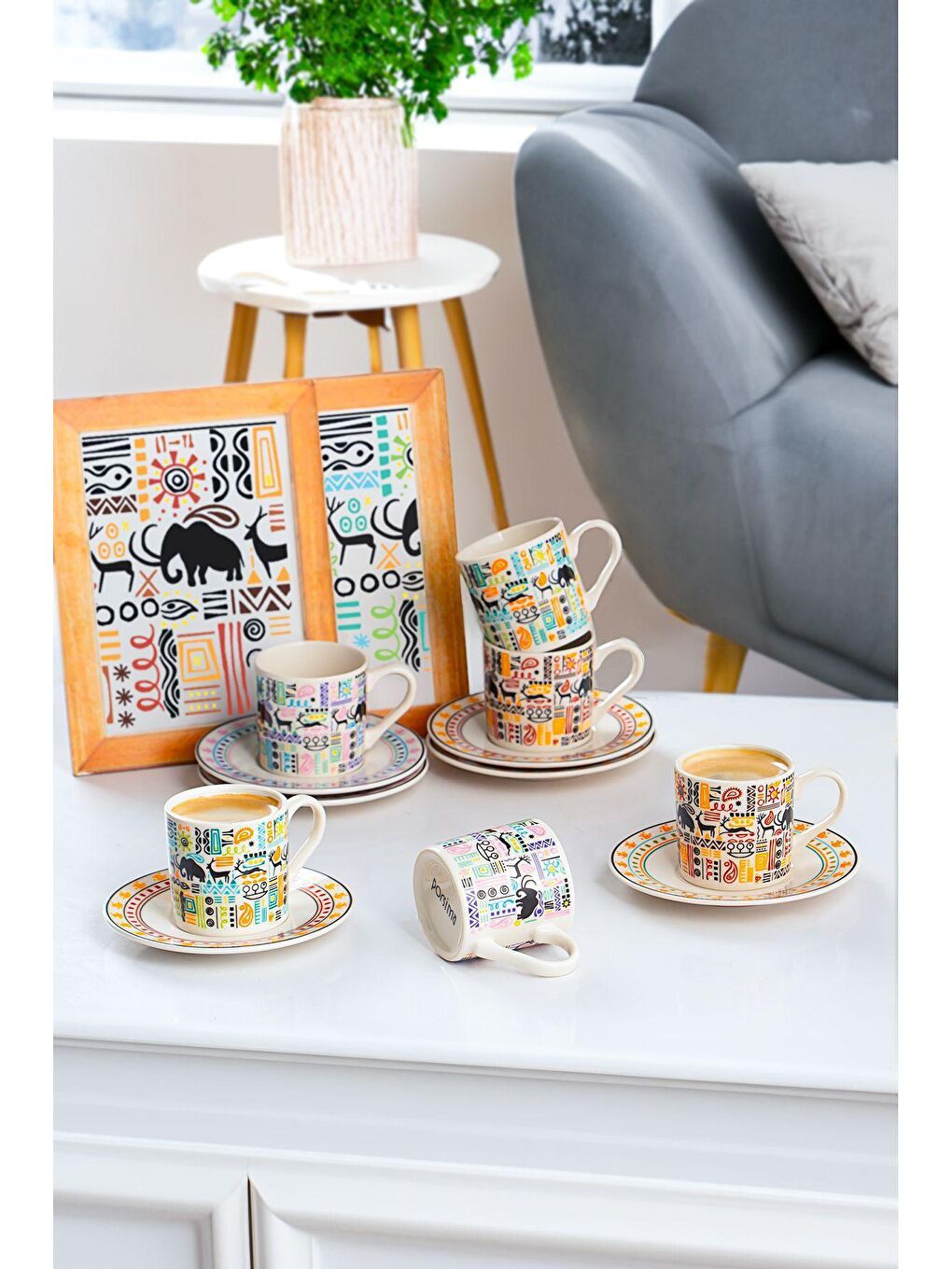 Karışık TE-207 Natura Fincan Takımı-Desenli Porselen Türk Kahve Fincan Takımı-6 Kişilik 90 cc-1