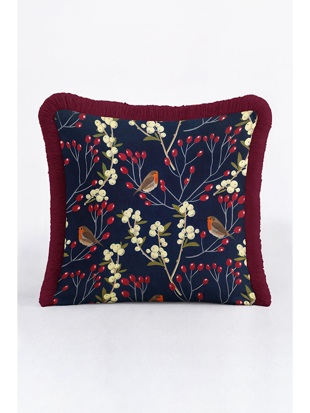 Karışık Doğanın Zarif Dokunuşu Saçaklı Yastık Kılıfı - Kış Bahçesi Bohem Laci Bordo Püsküllü Kırlent Kılıfı
