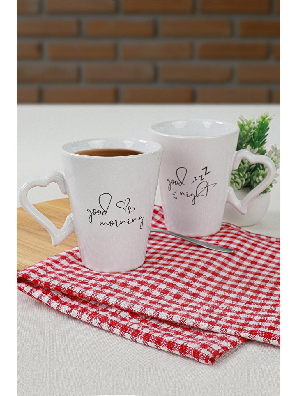 Beyaz Good Morning-Night Kalp Kulplu Kupa 9 Cm 2 Adet-2